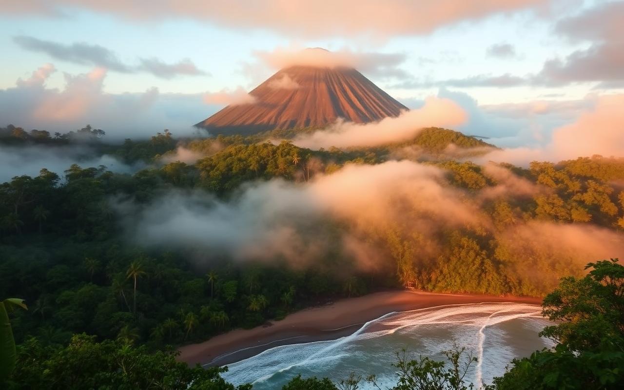 Costa Rican volcano at dawn above rainforest canopy and a surf beach