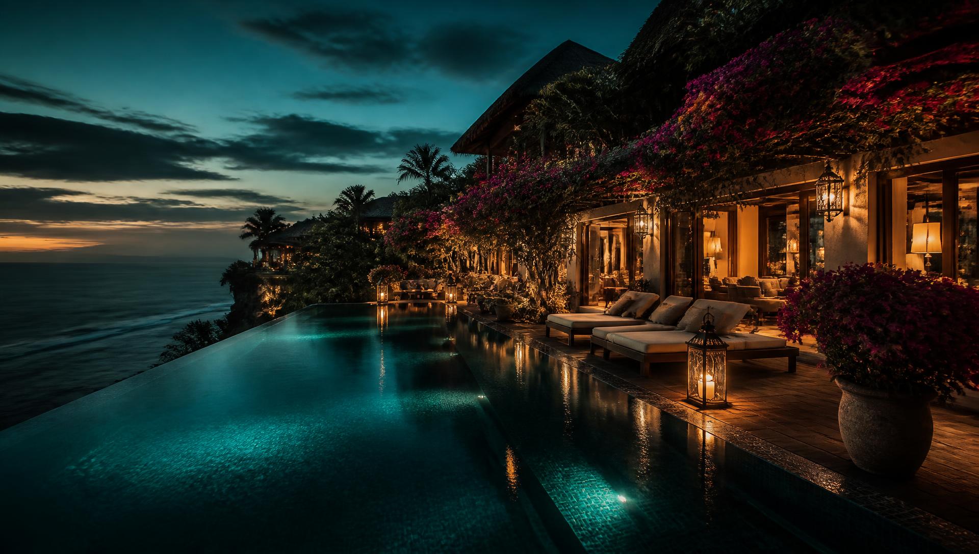 Cliffside luxury resort with an infinity pool at dusk