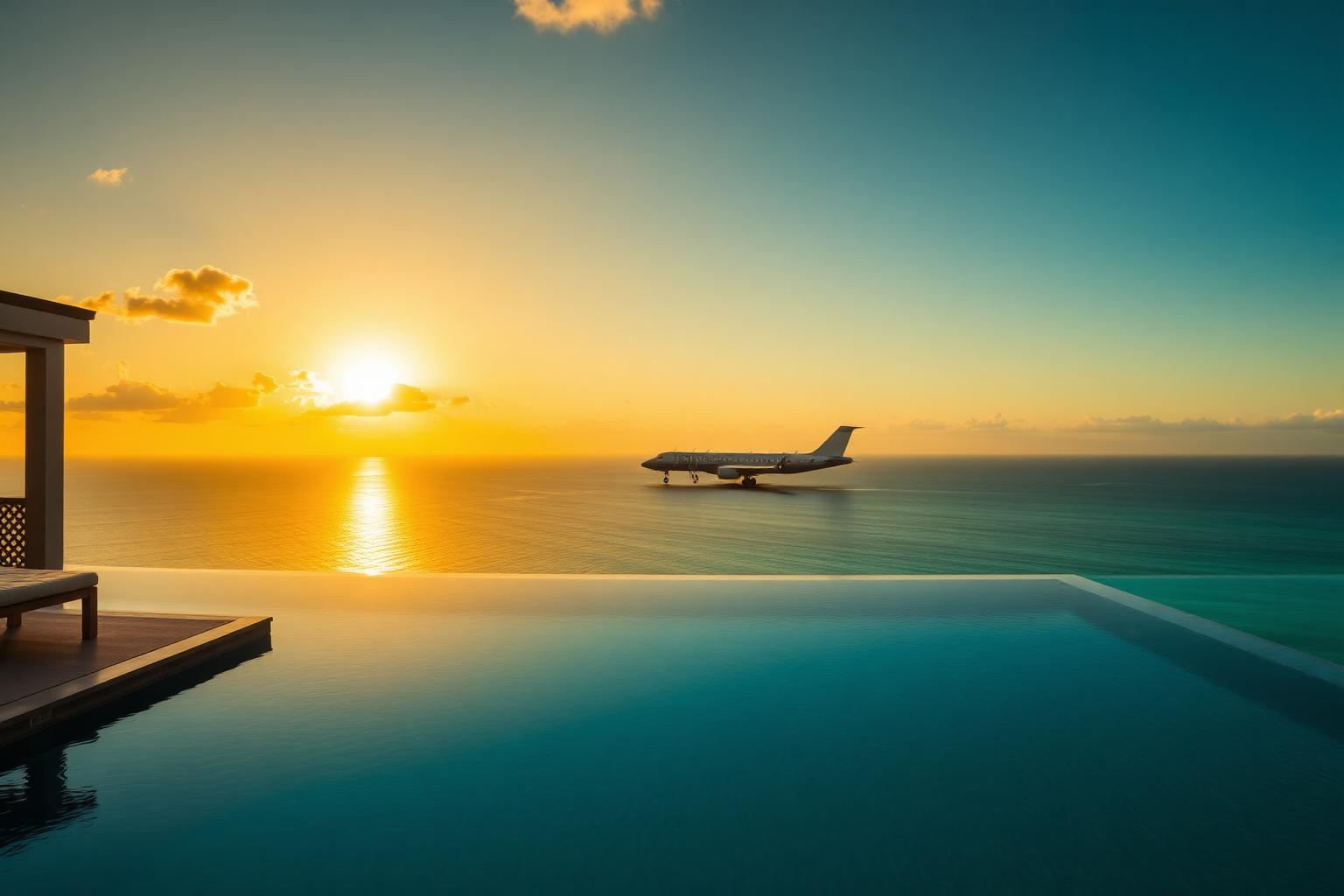 Private villa infinity pool at golden hour overlooking the ocean