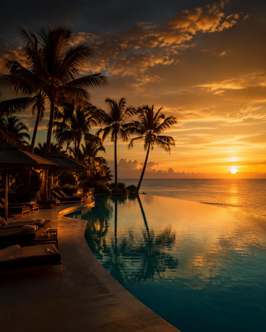 Infinity pool at a beach resort meeting the ocean at sunset