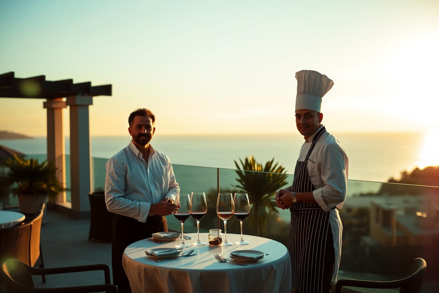 Hospitality partners on a coastal resort terrace at sunset